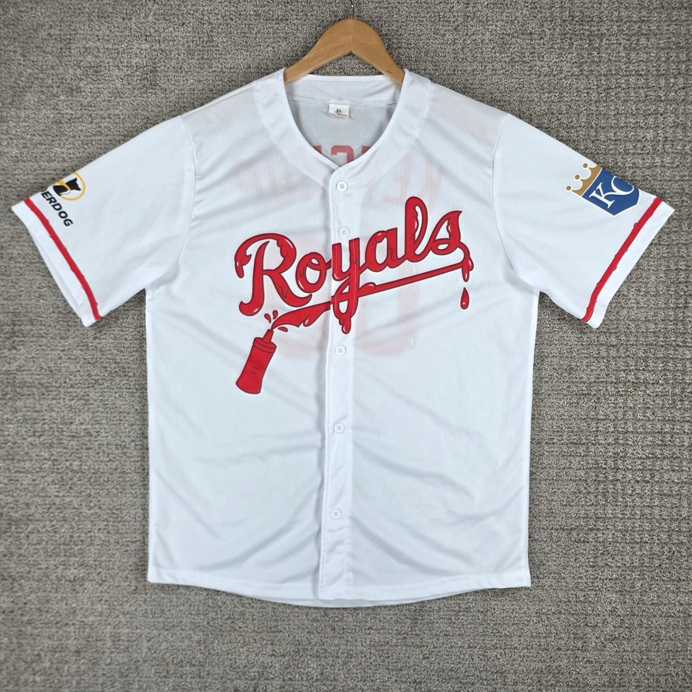 Kansas City Royals Hot Dog Derby Ketchup Baseball Jersey Mens XL White MLB
